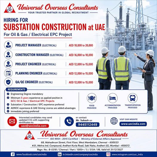 UAE Substation Construction Jobs 2026 – Urgent Hiring