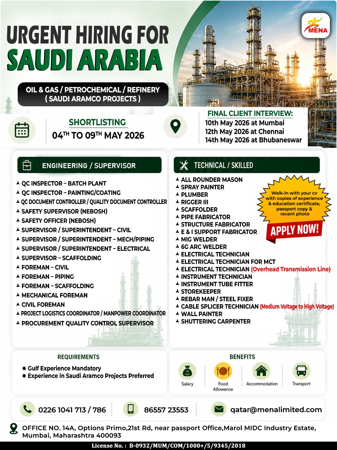 Saudi Arabia Jobs 2026: Urgent Hiring for Oil & Gas, Petrochemical & Refinery Projects