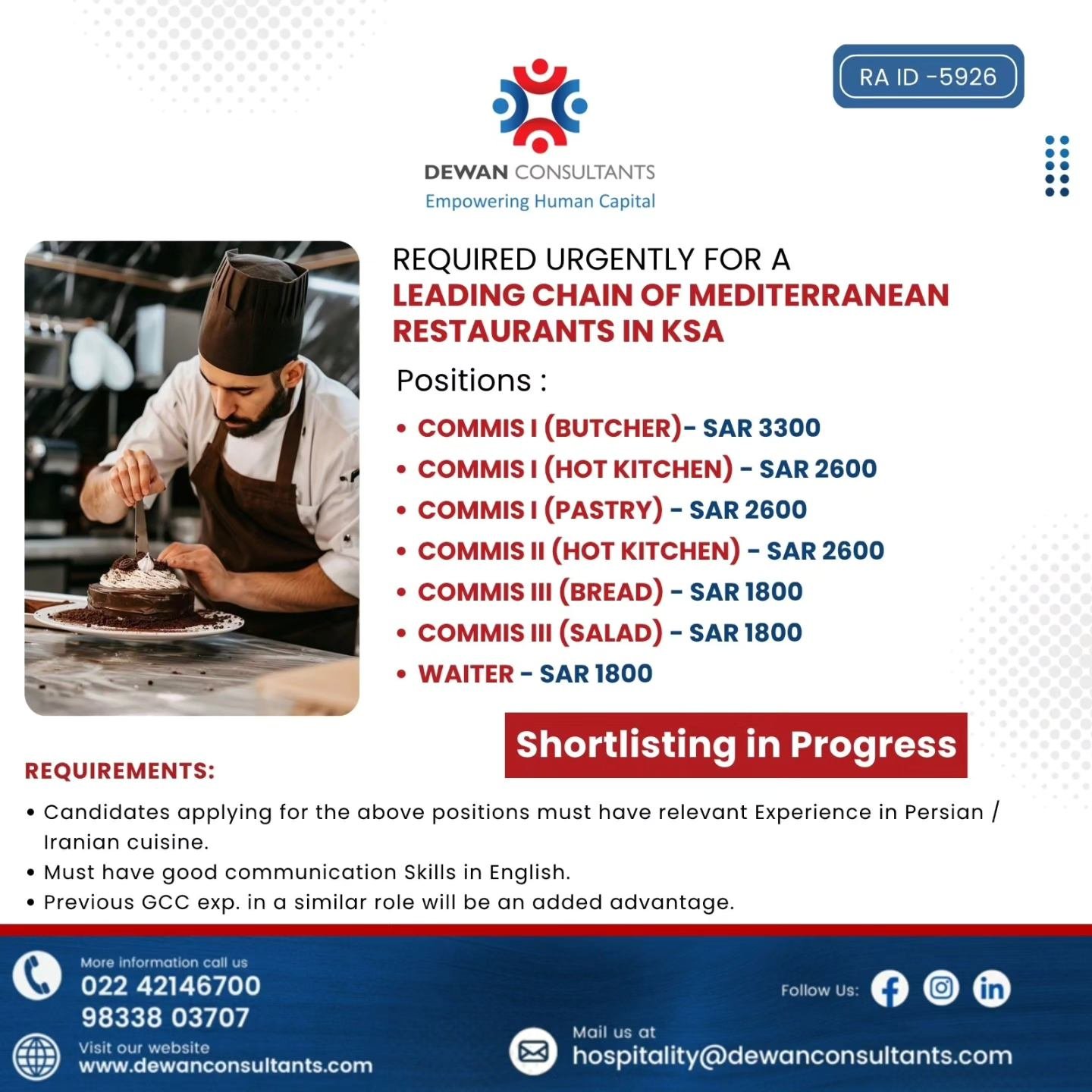 Saudi Arabia : Required Urgently For A Leading Chain Of Mediterranean Restaurants