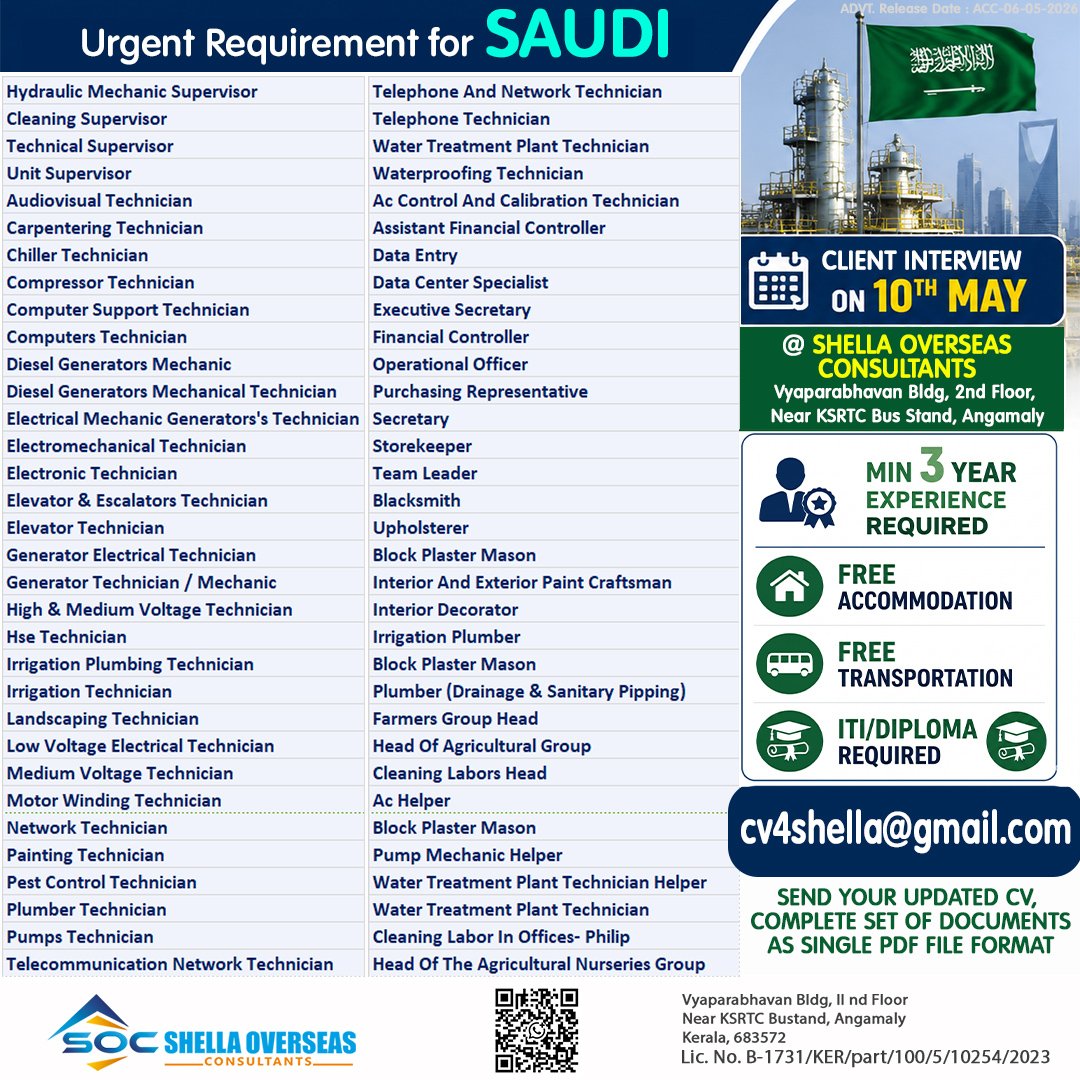Saudi Arabia Jobs 2026 – Multiple Technician, Supervisor & Engineering Vacancies