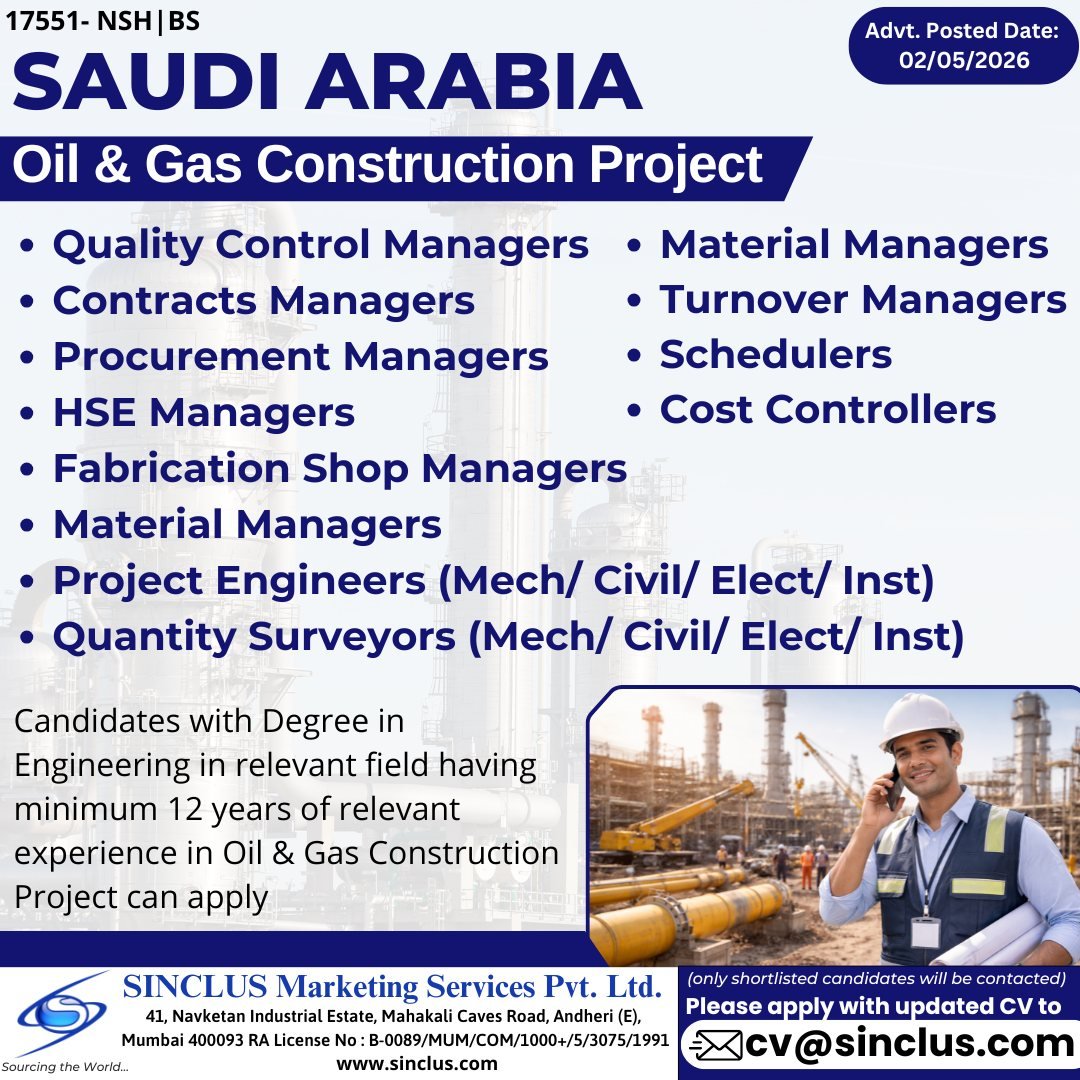 Jobs in Saudi Arabia – Oil & Gas Construction Project - Apply Now