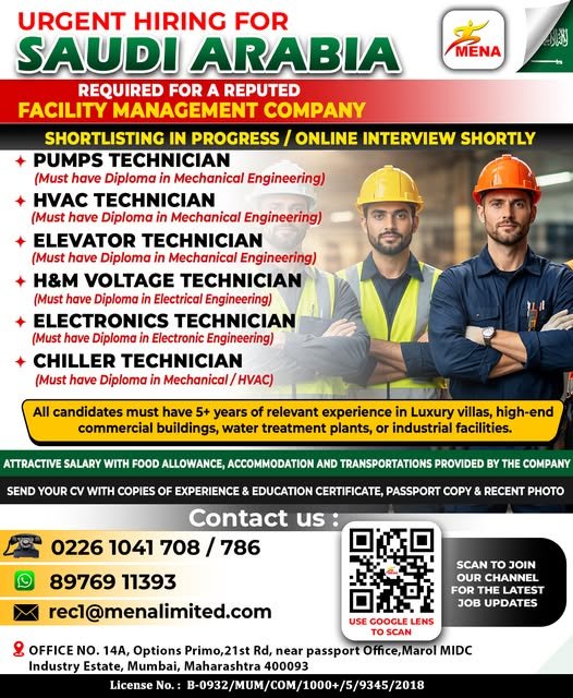 Urgent Hiring for Saudi Arabia reputed Facility Management Company