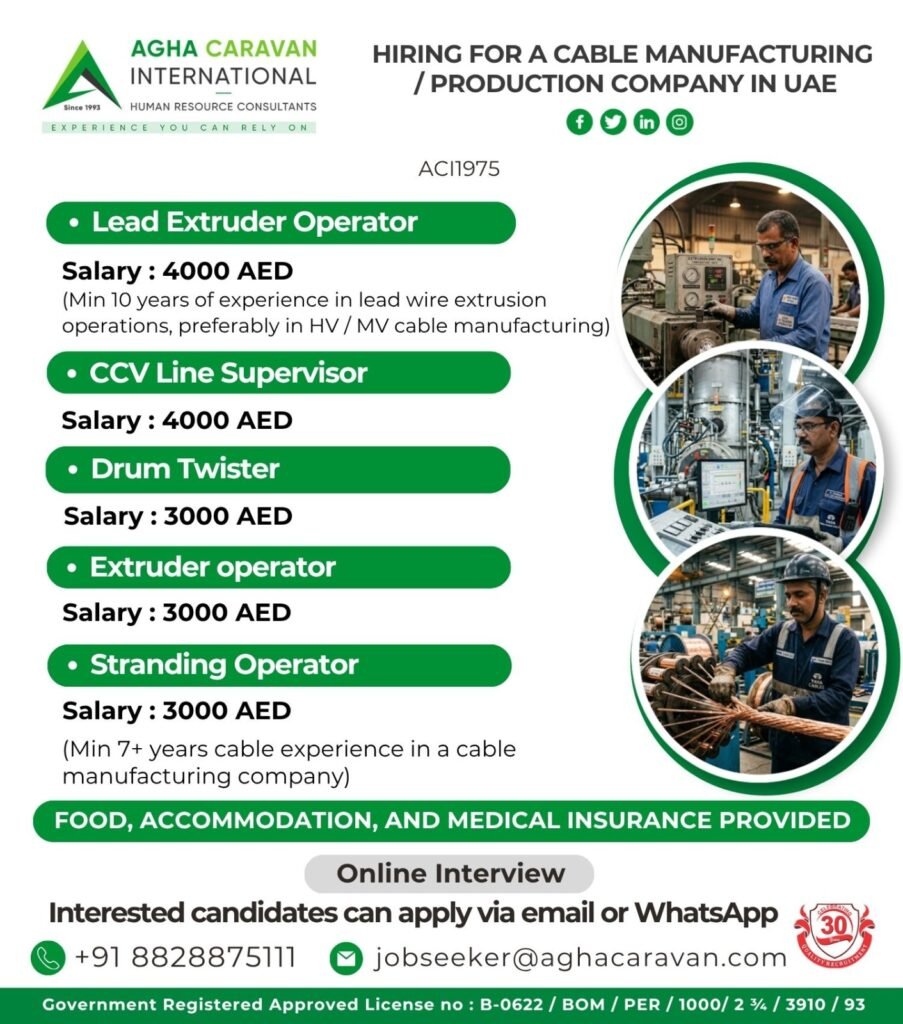 UAE Cable Manufacturing Jobs 2026 – Hiring for Production Roles | Online Interview