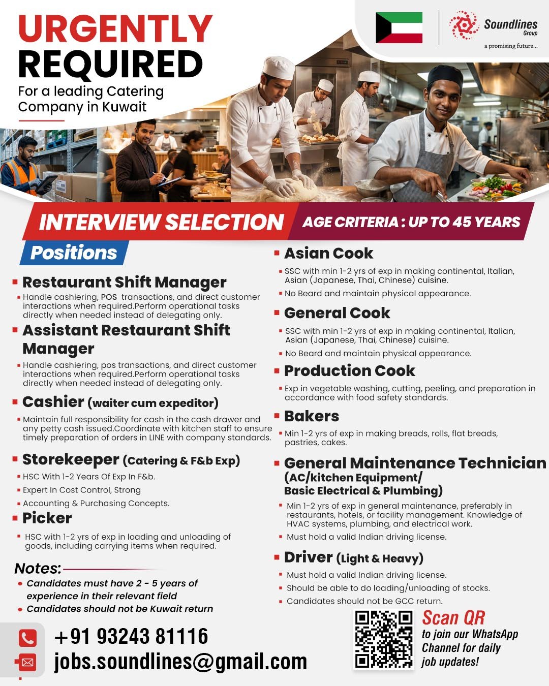 Hiring Urgent For a leading Catering Company in Kuwait