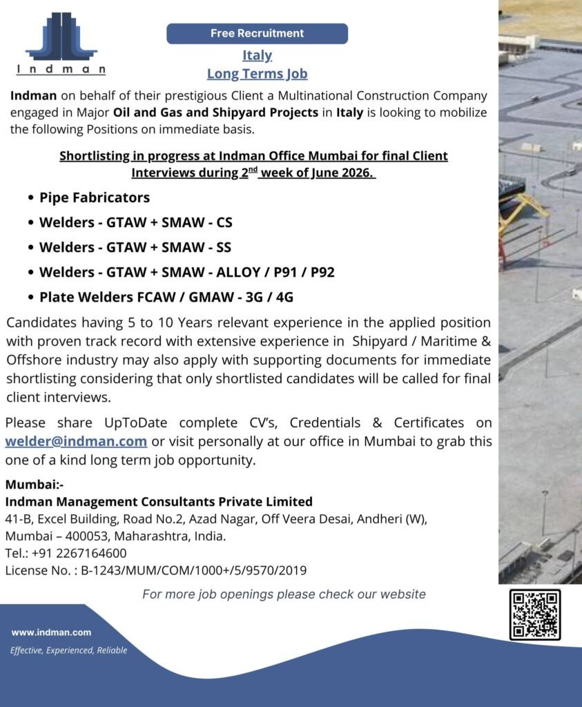 Italy Oil and Gas Shipyard Jobs 2026 | Free Recruitment 