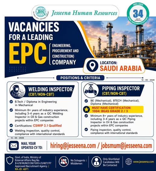 Saudi Arabia : Vacancies for a Leading EPC (Engineering, Procurement and Construction) Company
