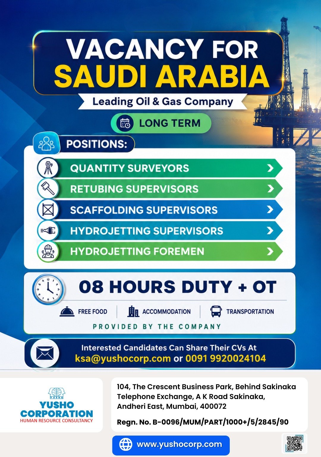 Urgent Hiring for Saudi Arabia Oil & Gas company for long-term projects