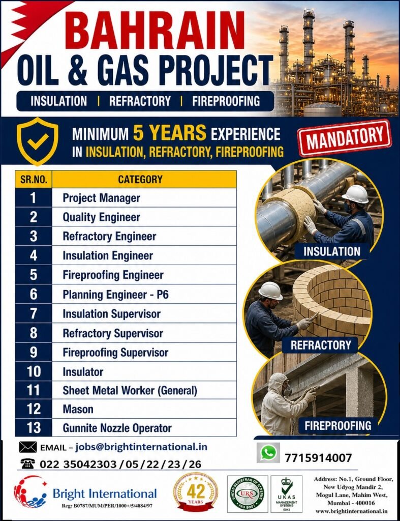Bahrain Oil & Gas Jobs 2026: Insulation, Refractory & Fireproofing Project Hiring | Apply Now