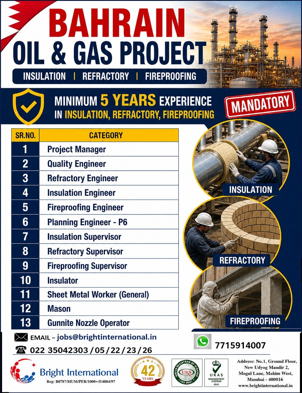 Bahrain Oil & Gas Jobs 2026: Insulation, Refractory & Fireproofing Project Hiring | Apply Now
