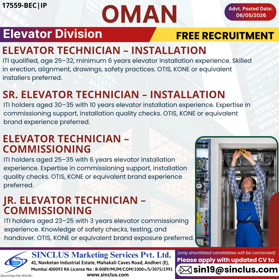 Exciting Free Recruitment Opportunity in OMAN - Elevator Division
