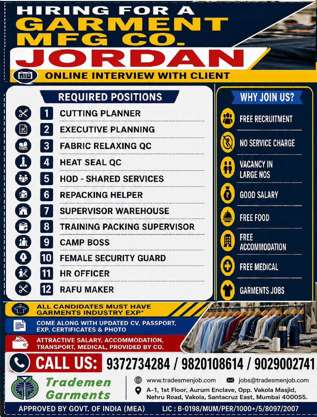 Jordan Garment Industry Jobs 2026 – Cutting Planner, HR Officer & Warehouse Supervisor Hiring