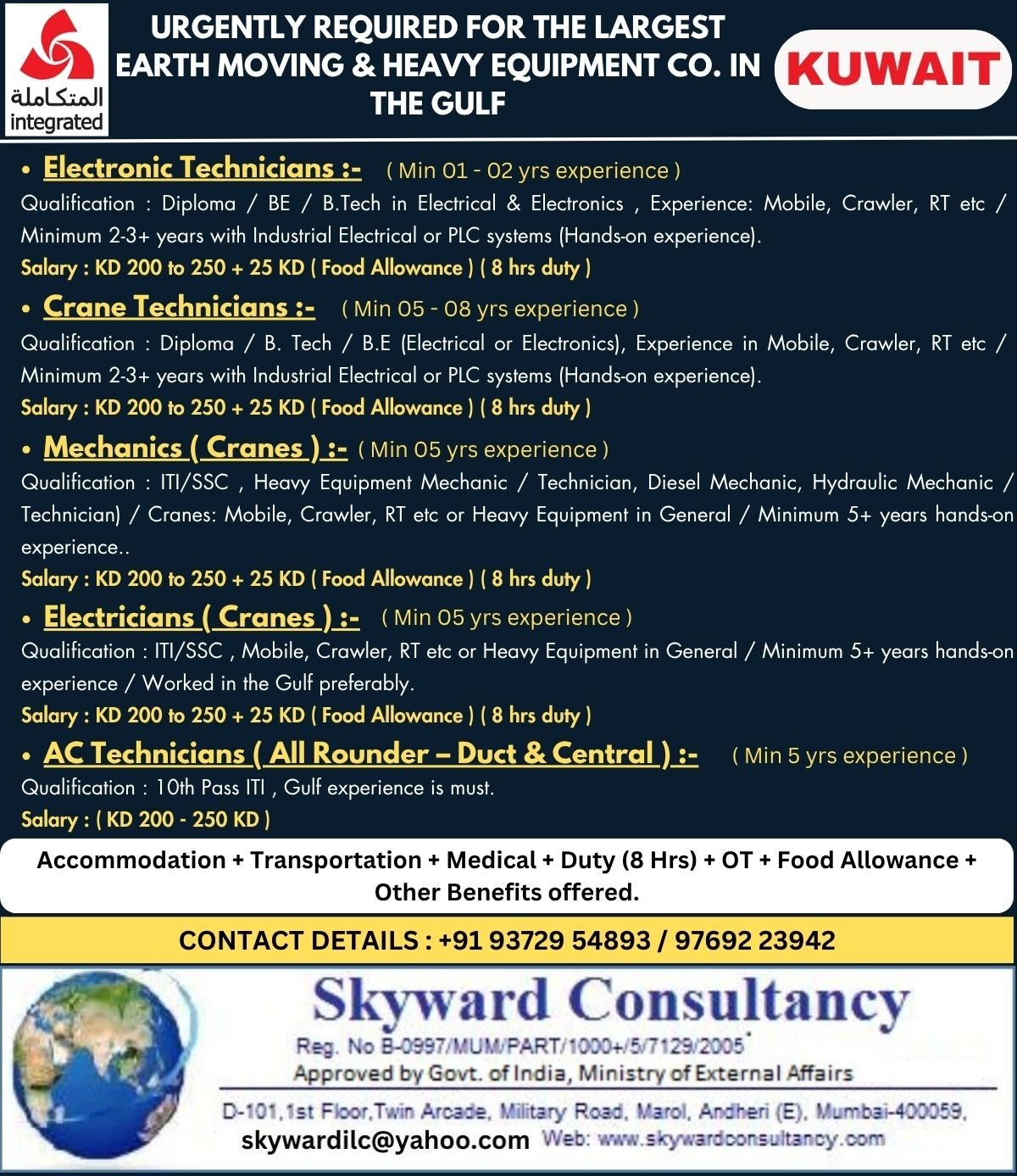 Kuwait Heavy Equipment Jobs 2026 – Hiring Crane Technicians, Electricians & AC Technicians
