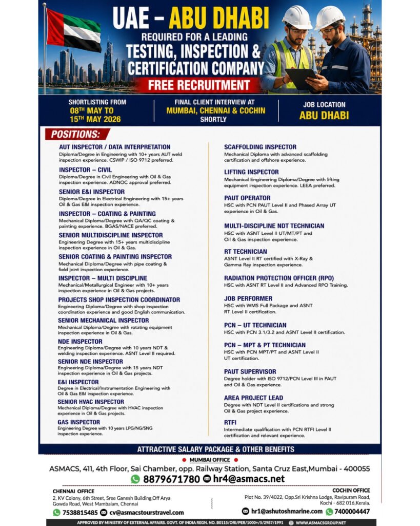 UAE Abu Dhabi - Hiring for a Leading Testing, Inspection and Certification Company