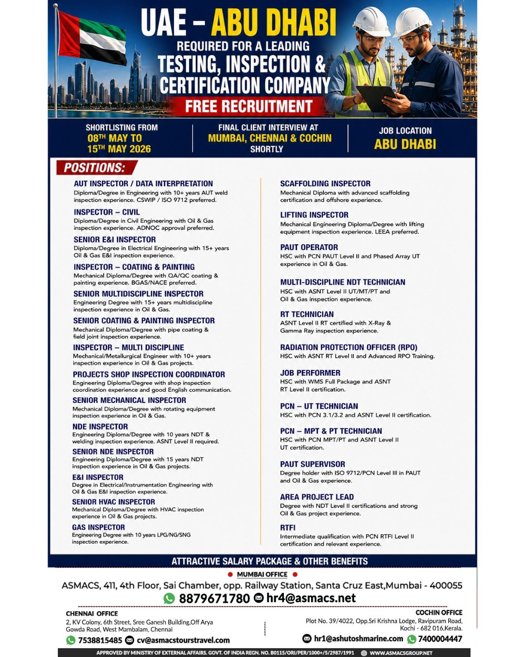 UAE Abu Dhabi - Hiring for a Leading Testing, Inspection and Certification Company