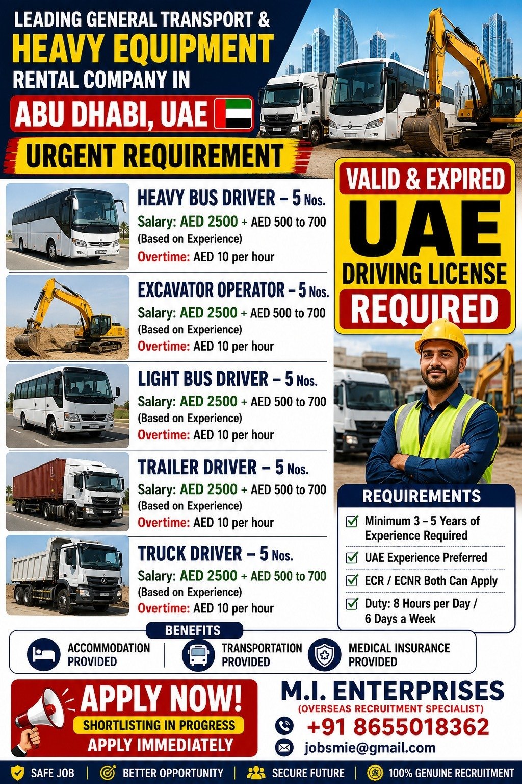 Excellent opportunity for Drivers & Excavator Operators with a leading transport and heavy equipment rental company in UAE.