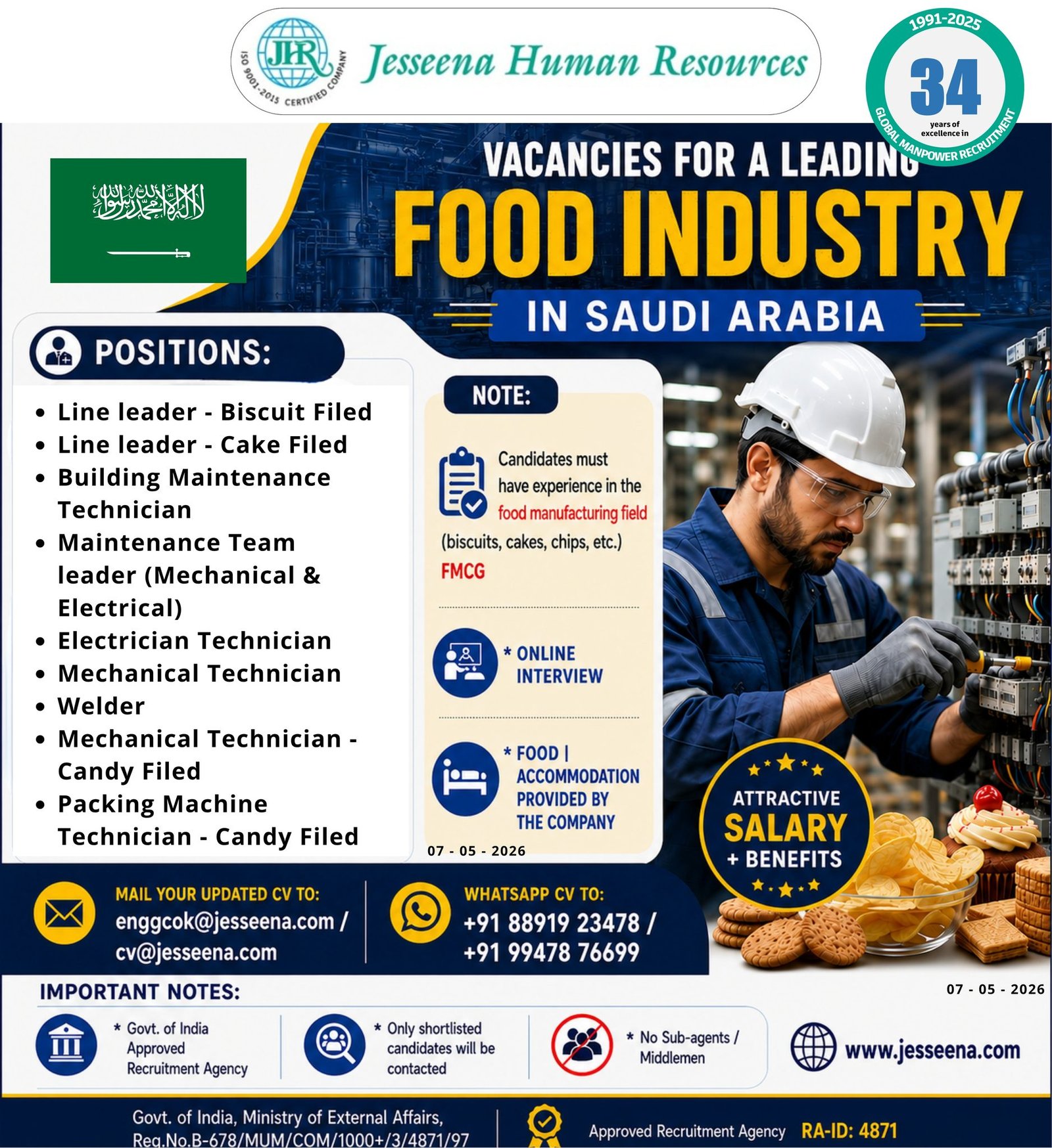 Job Vacancies for a leading food industry in Saudi Arabia