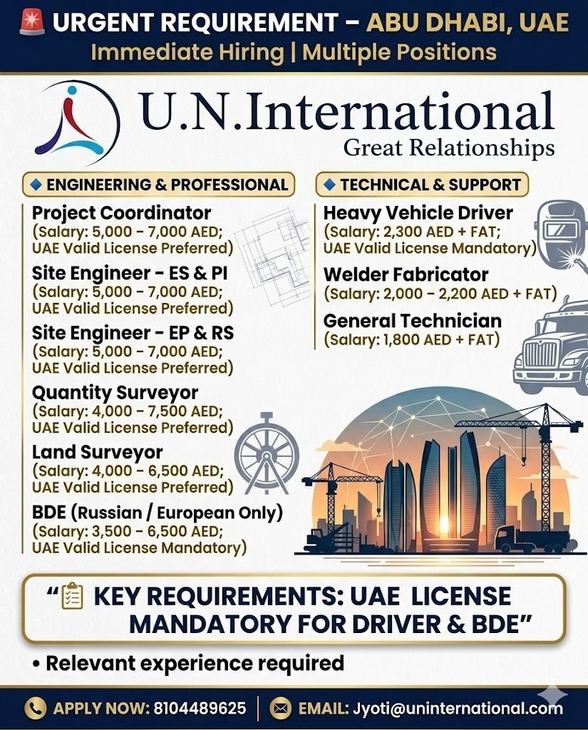 Abu Dhabi UAE Jobs 2026 – Immediate Hiring for Engineers, Drivers & Technicians