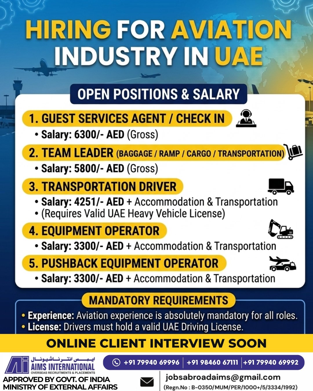 UAE Aviation Industry Jobs 2025 – Airport Ground Staff, Drivers & Equipment Operators Hiring
