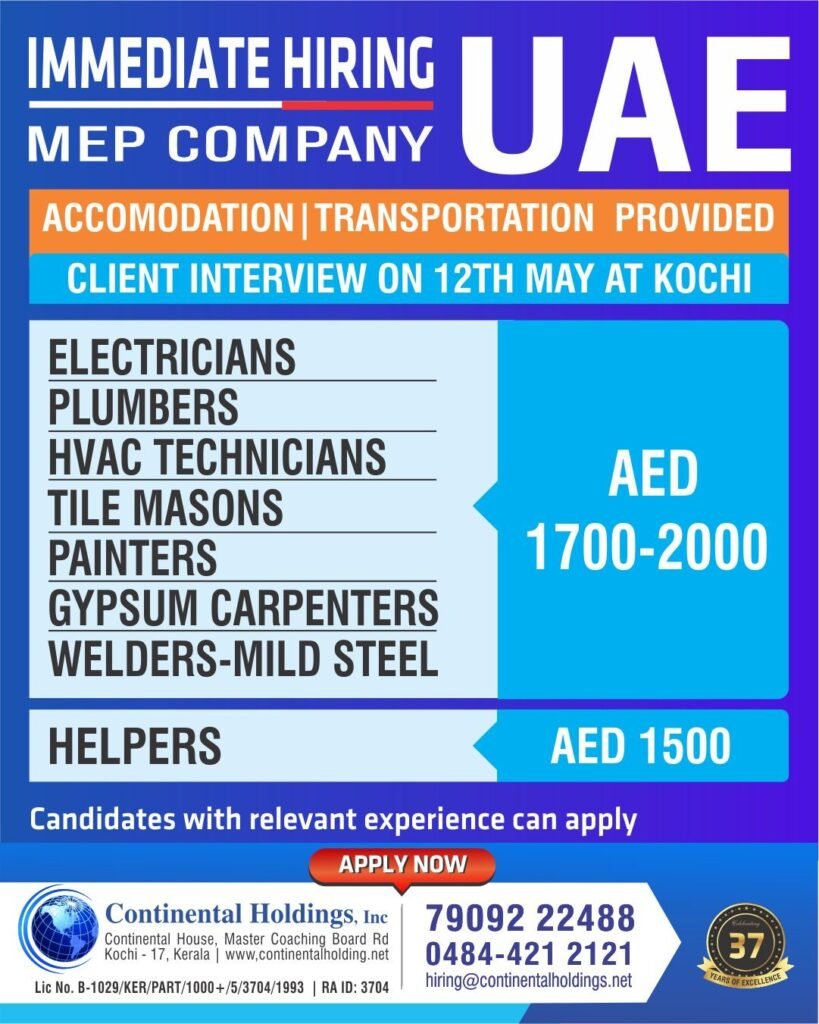 Immediate Hiring UAE | Mep Company