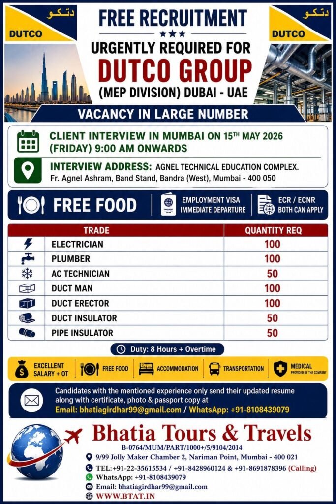 Dubai UAE Jobs 2026 – Dutco Group Hiring Electricians, Plumbers, AC Technicians & Ducting Staff