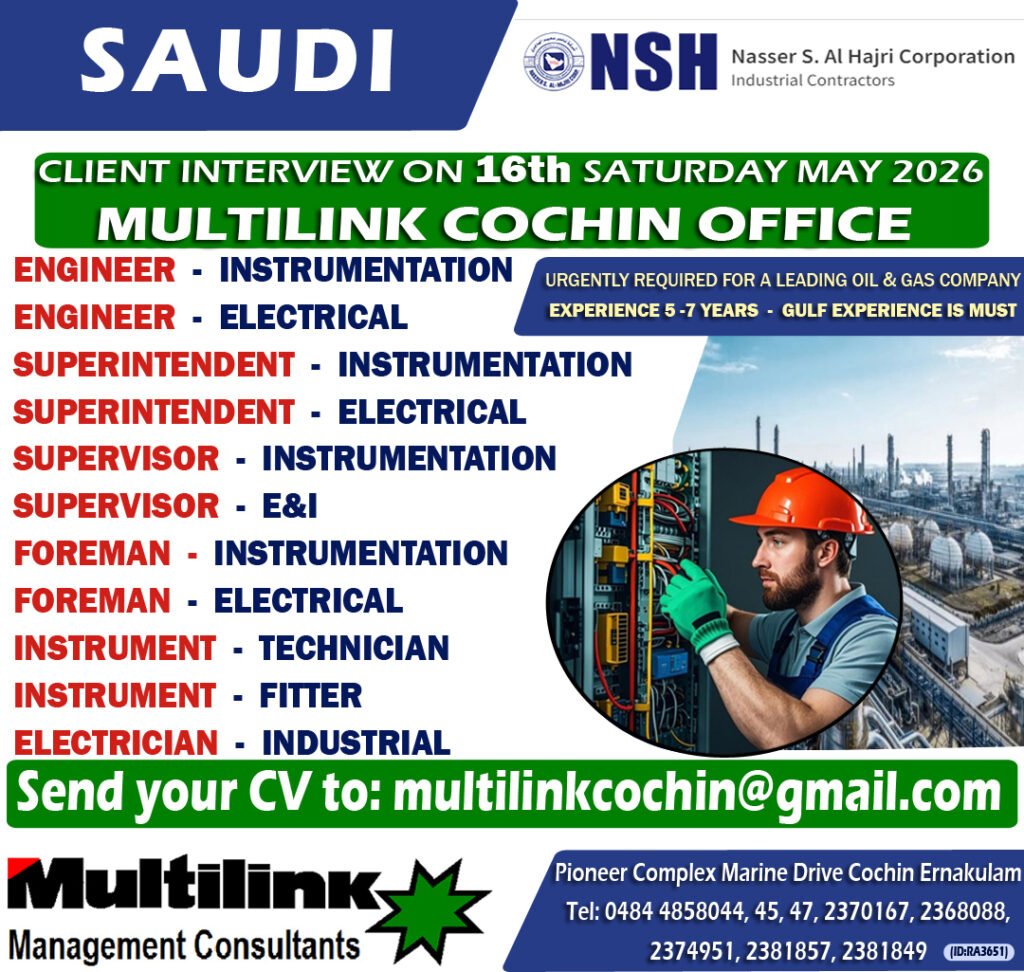 Saudi Arabia Oil and Gas Jobs 2026 | Urgent Hiring for Instrumentation, Electrical and E&I Professionals