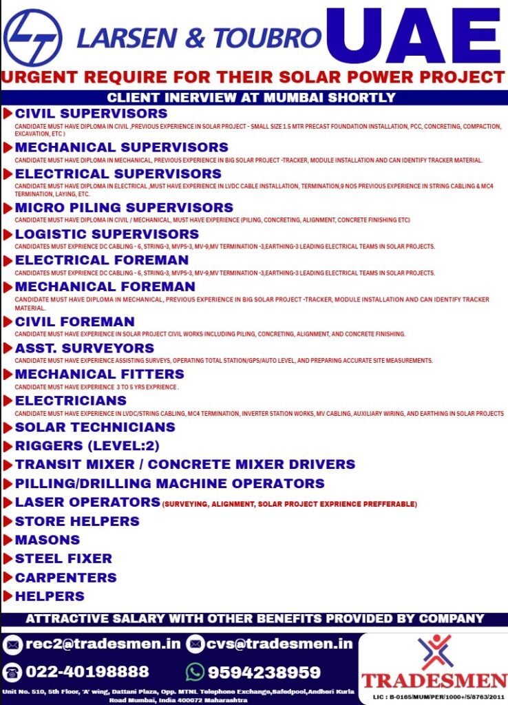 UAE Solar Power Project Jobs 2026 – Larsen & Toubro Hiring 