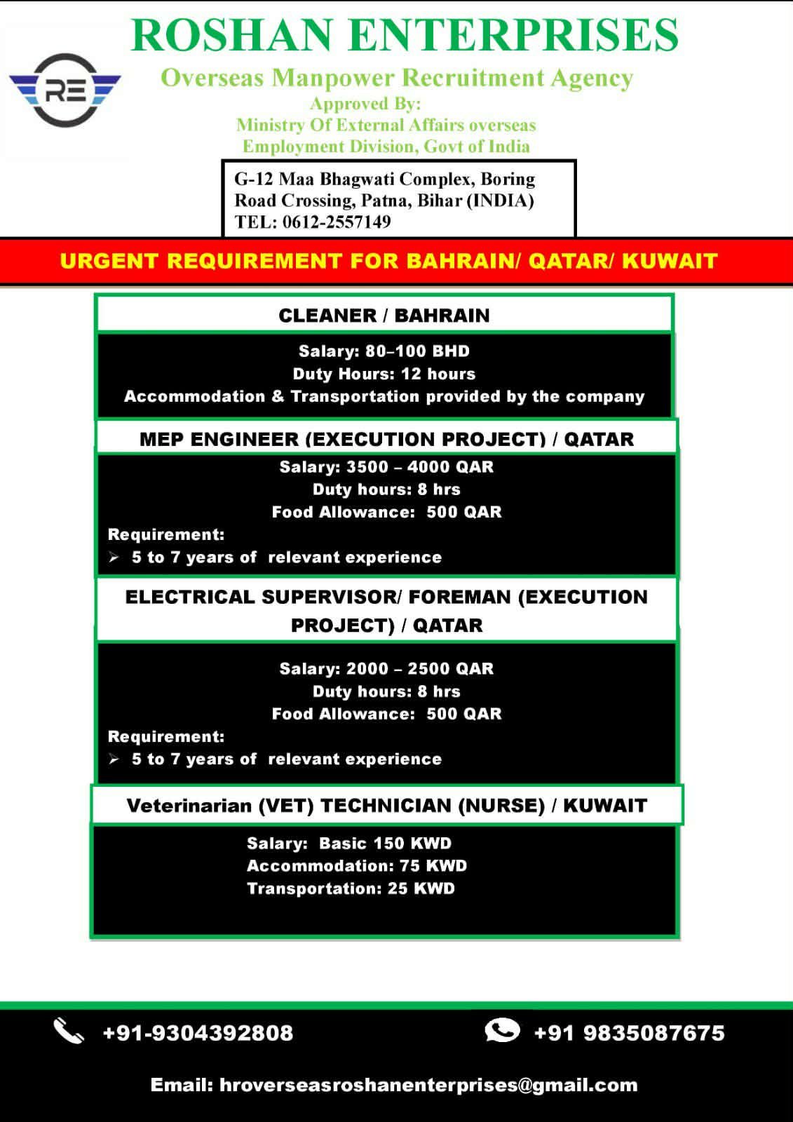 Bahrain, Qatar & Kuwait Jobs 2026 – Cleaner, MEP Engineer, Electrical Supervisor & Veterinary Technician Vacancies