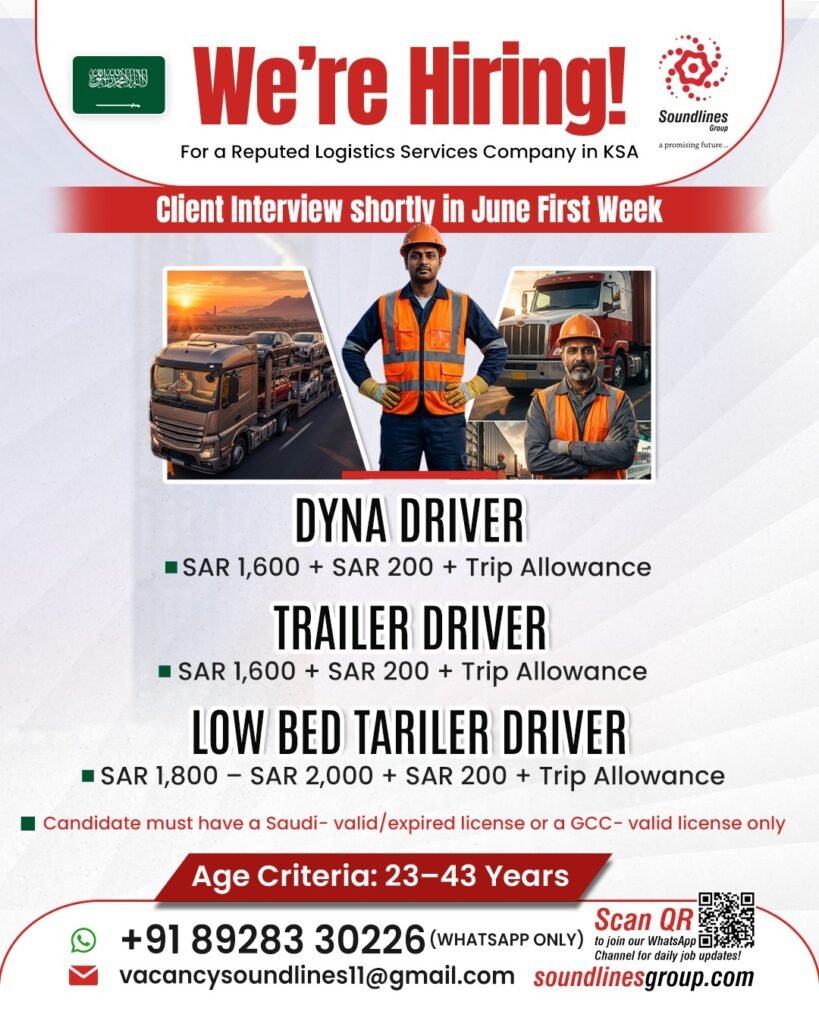 Hiring For a Reputed Logistics Services Company in Saudi Arabia