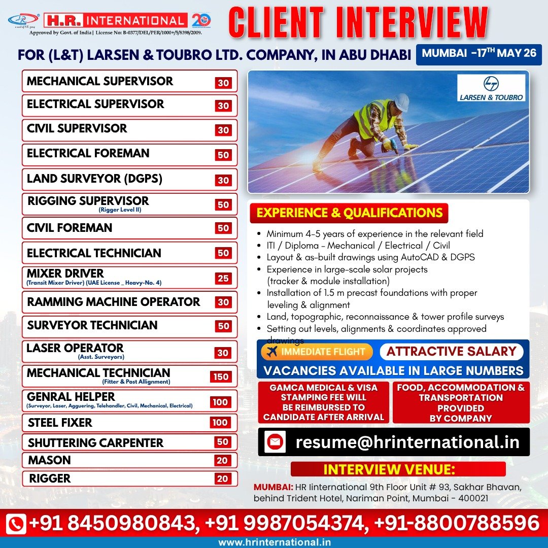 UAE Abu Dhabi Hiring 2026 | Hiring For Larsen & Toubro projects