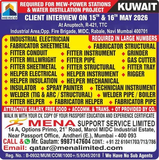 Urgent Hiring for Kuwait – MEW Power Stations & Water Distillation Project