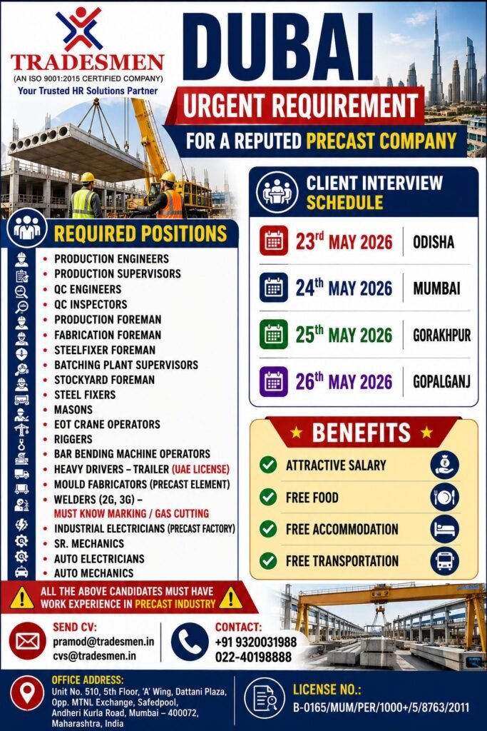 Dubai Precast Company Jobs 2025: Hiring Engineers, Supervisors, Welders, Crane Operators and Steel Fixers