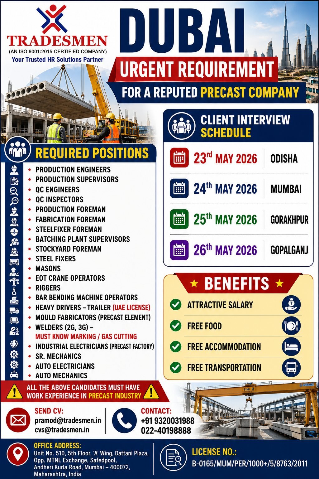 Dubai Precast Company Jobs 2025: Hiring Engineers, Supervisors, Welders, Crane Operators and Steel Fixers