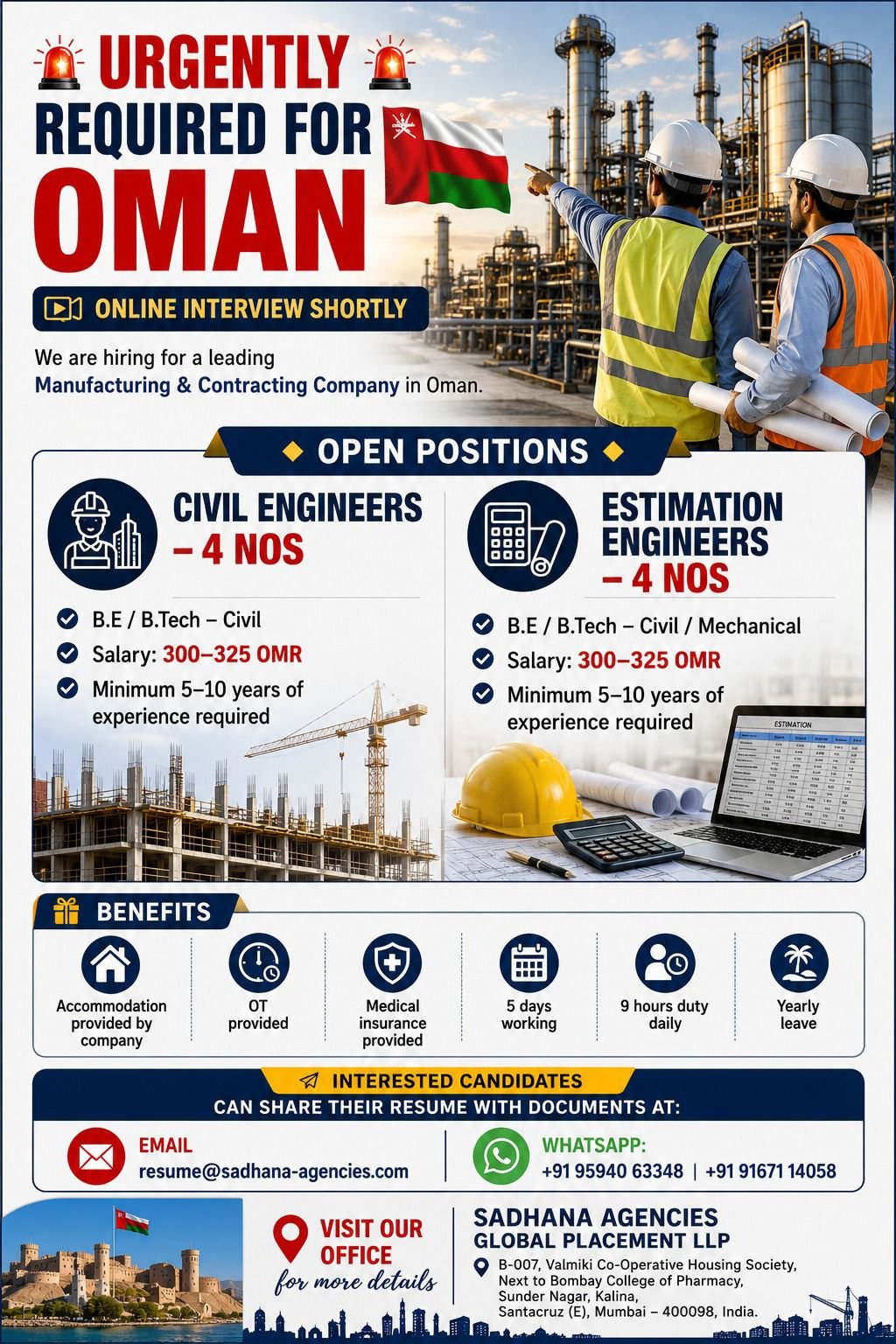 Oman Jobs 2026 | Hiring Civil Engineers and Estimation Engineers for Manufacturing & Contracting Company