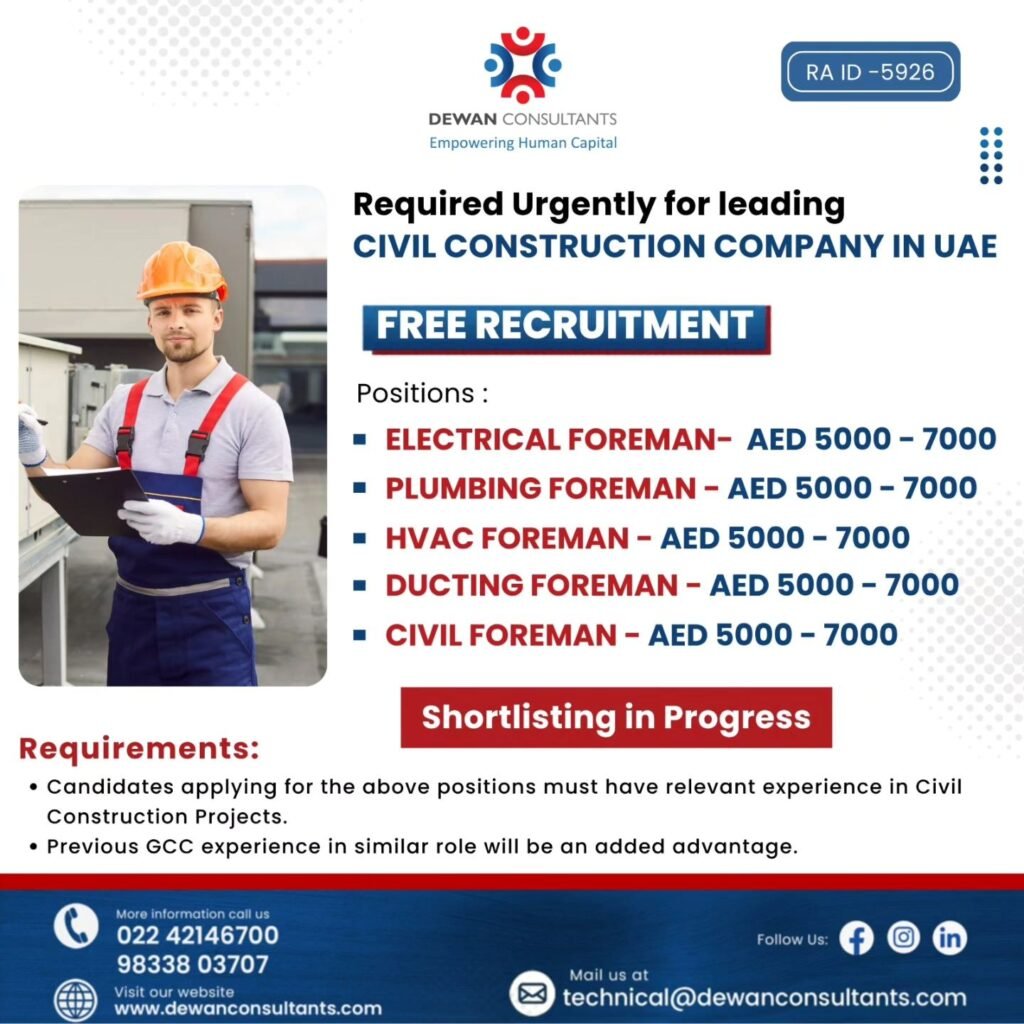 Hiring Urgently for leading CIVIL CONSTRUCTION COMPANY IN UAE