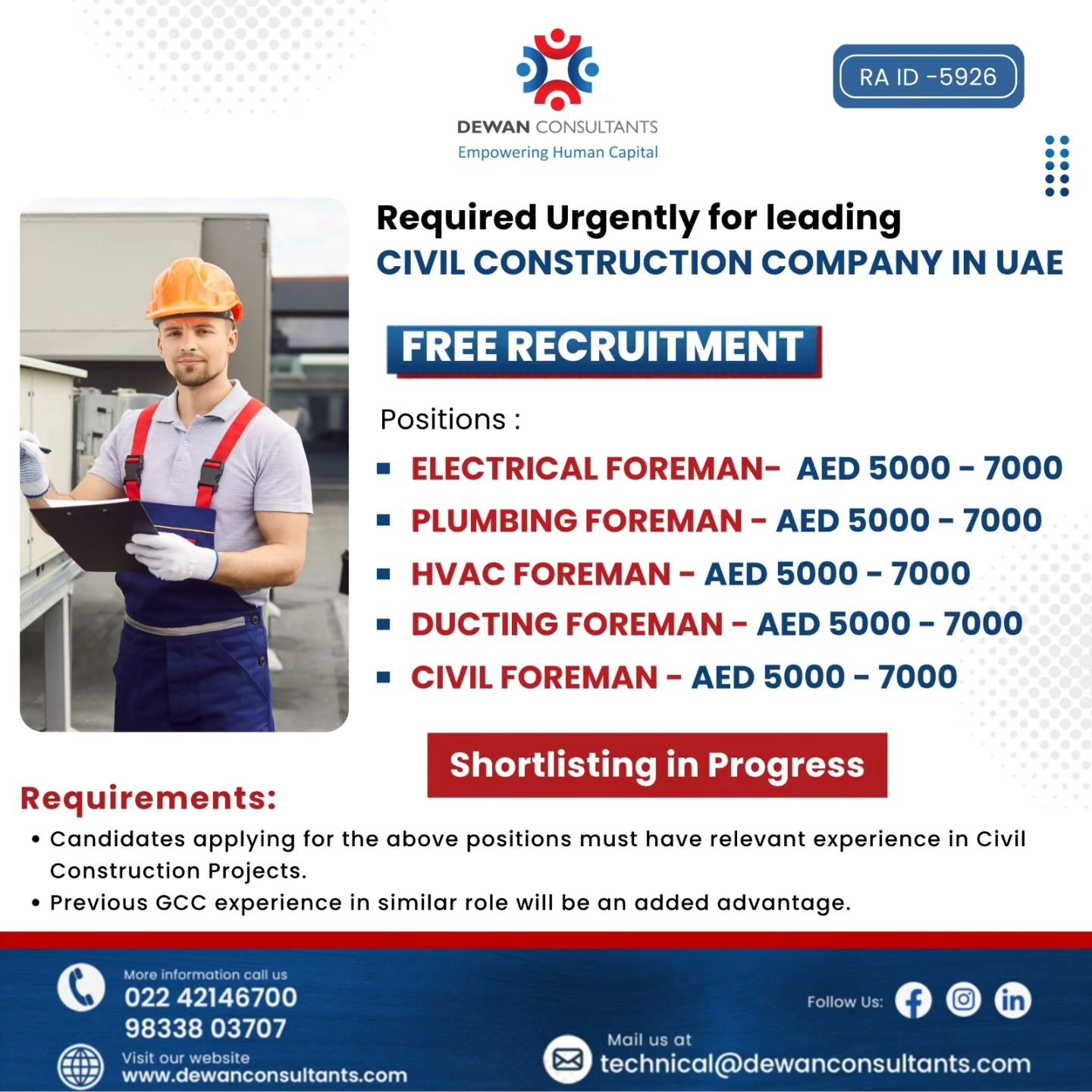 Hiring Urgently for leading CIVIL CONSTRUCTION COMPANY IN UAE