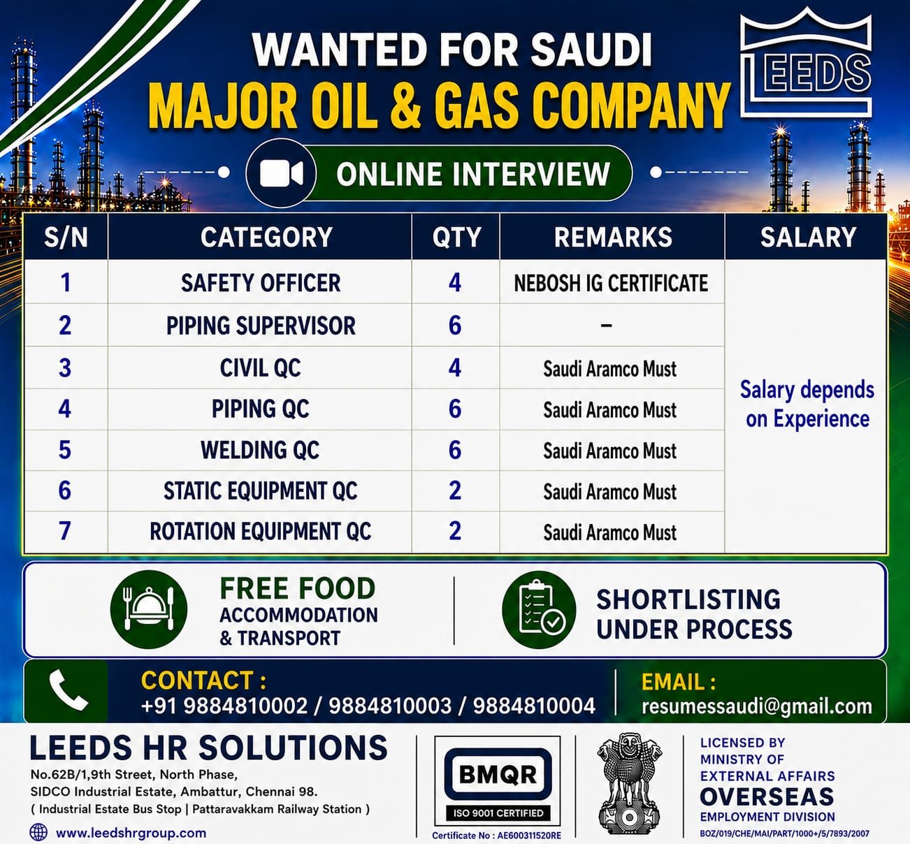 Saudi Arabia : Hiring For Major Oil and Gas Company