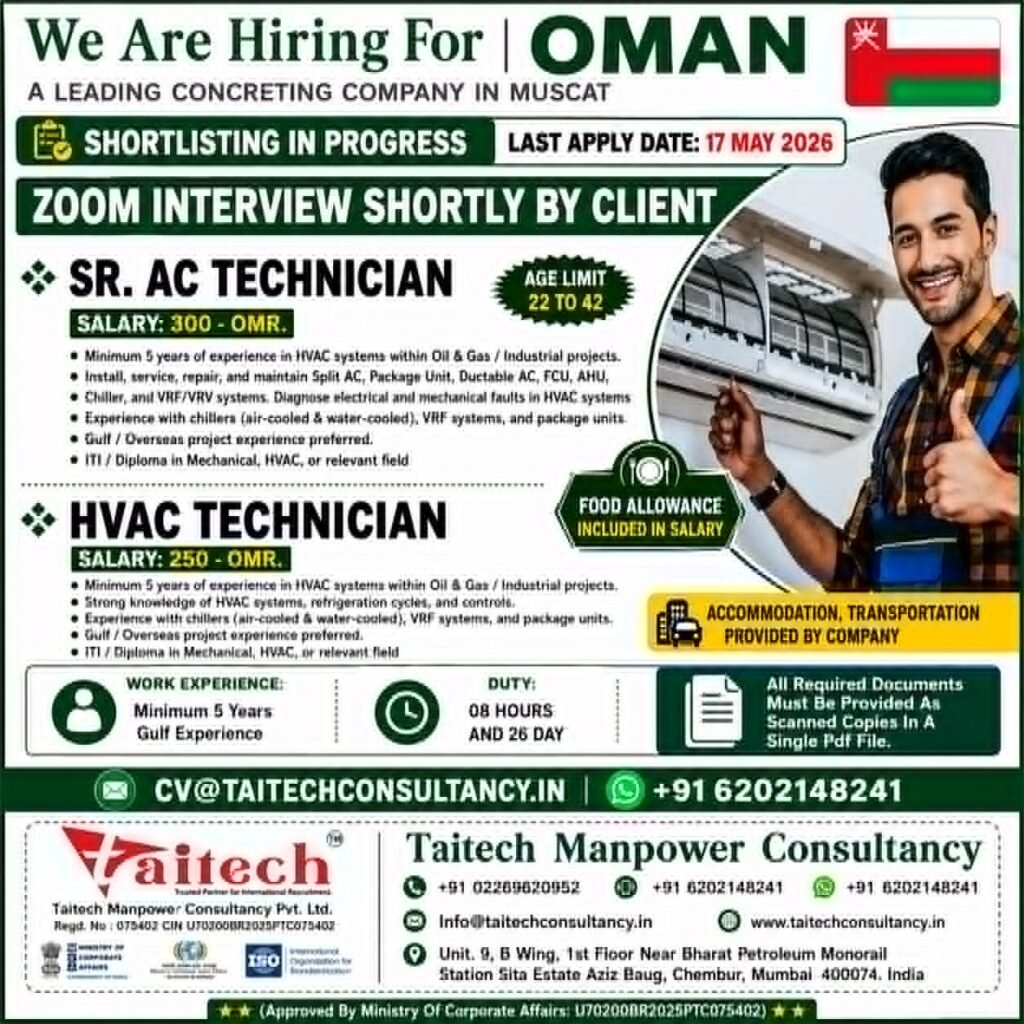 Oman HVAC Jobs 2026 – Sr. AC Technician & HVAC Technician Vacancies in Muscat