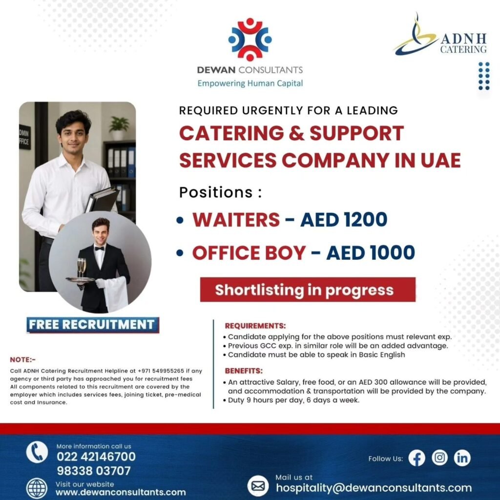 Hiring Urgently For A Leading Catering & Support Services Company In UAE