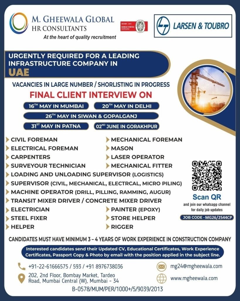 UAE Infrastructure Company Jobs 2025: Larsen & Toubro Hiring for Multiple Construction Vacancies