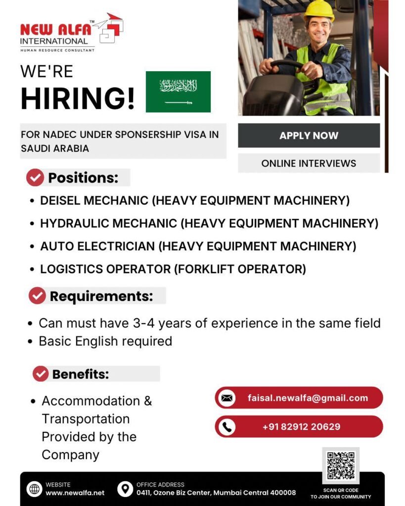 Saudi Arabia Jobs for NADEC – Sponsorship Visa | Online Interview