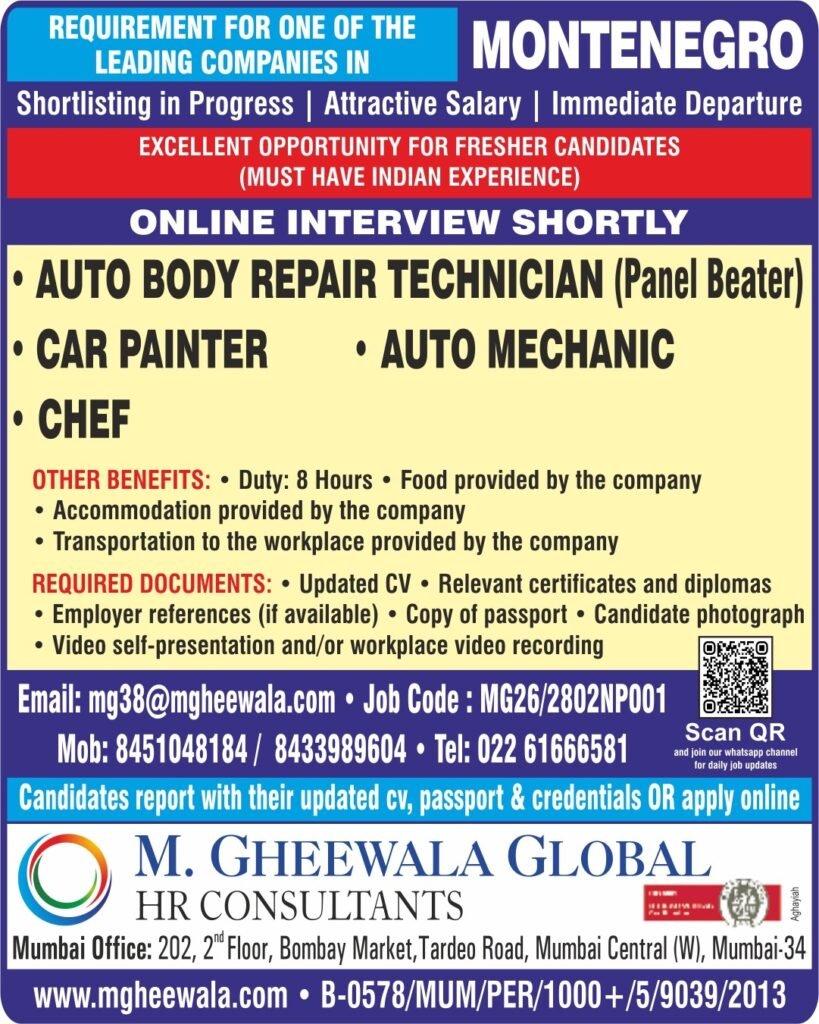 Montenegro Jobs 2026 | Hiring for Auto Mechanic, Car Painter, Chef & Panel Beater