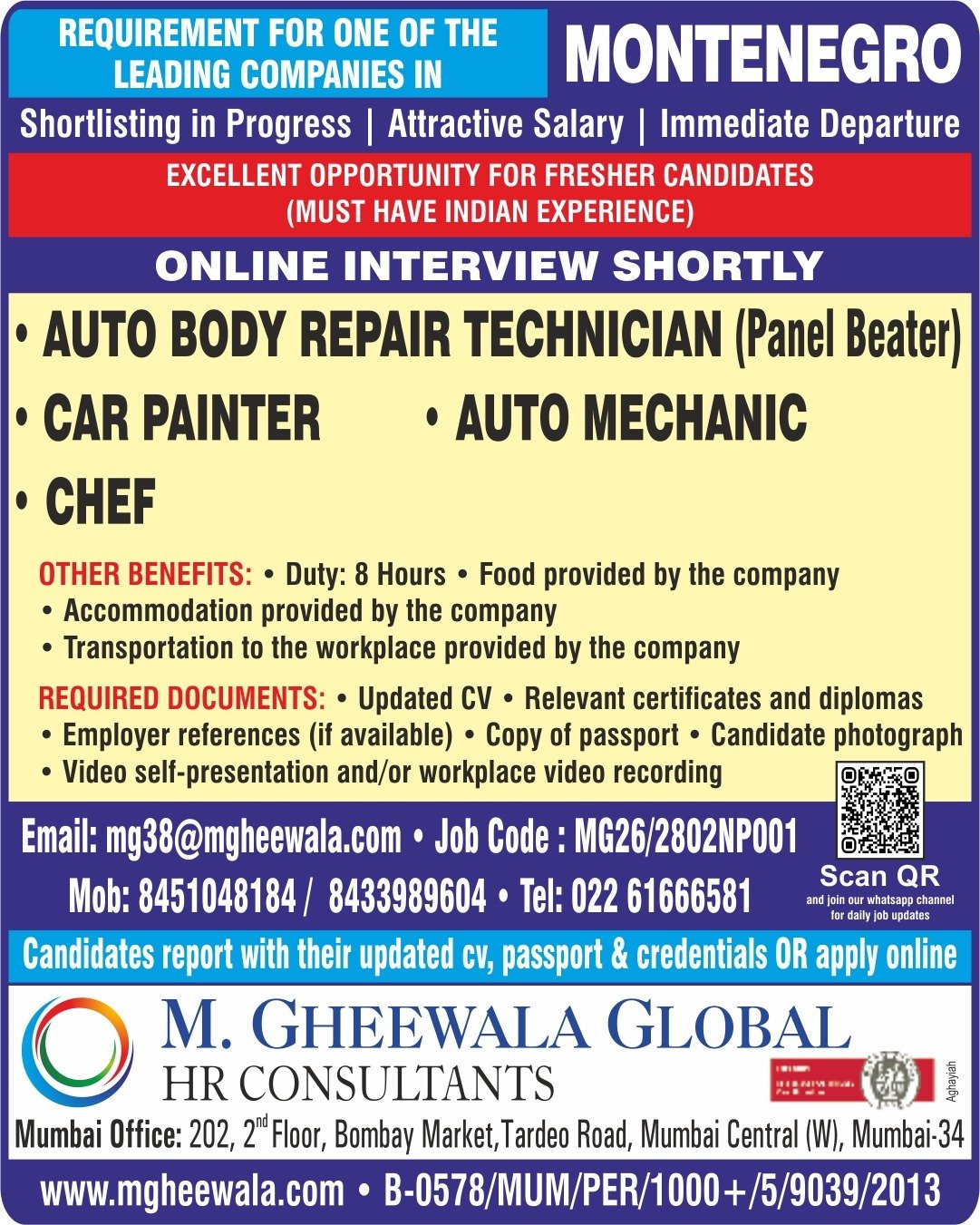 Montenegro Jobs 2026 | Hiring for Auto Mechanic, Car Painter, Chef & Panel Beater