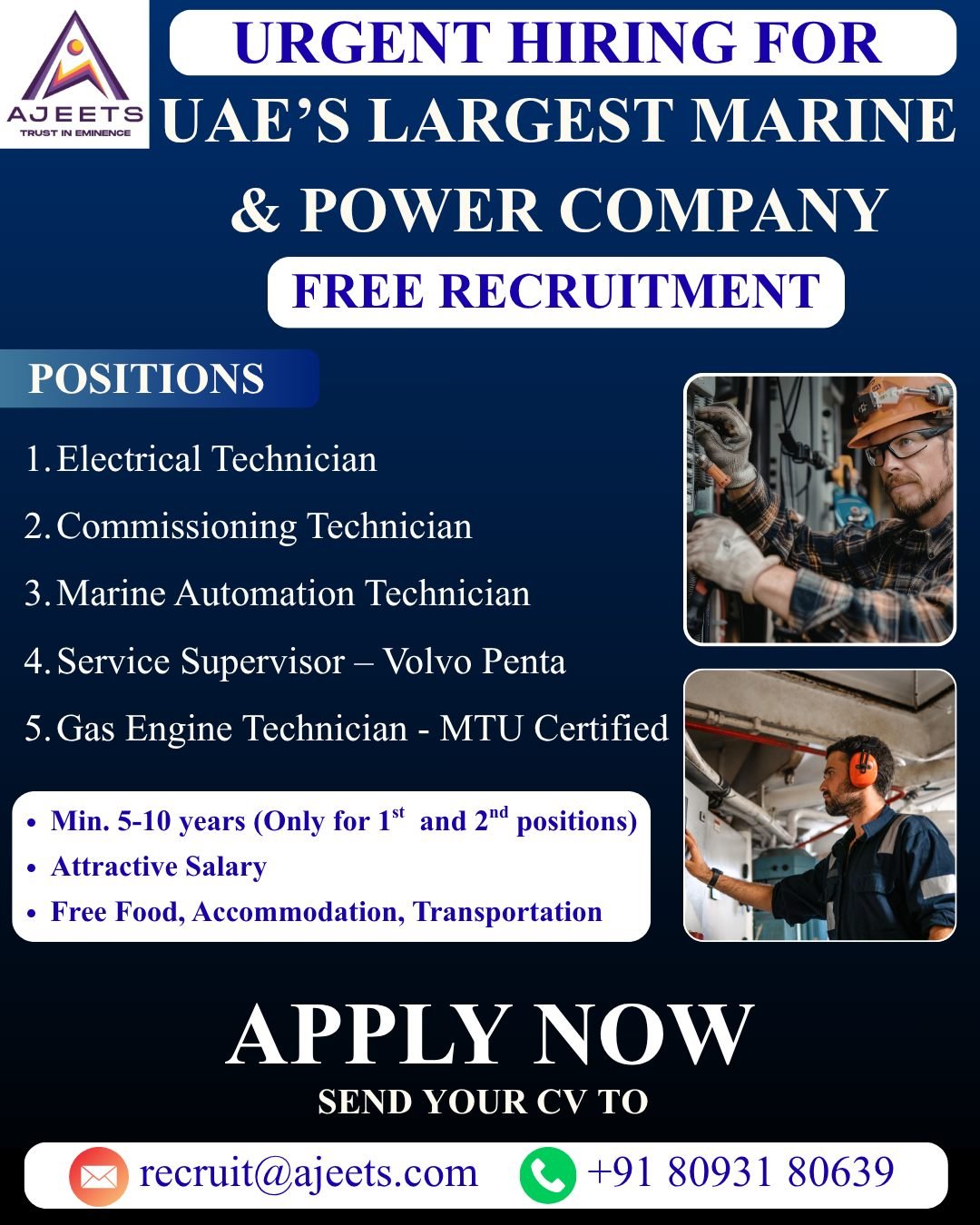 Urgent Hiring For UAE’s Leading Marine & Power Company 