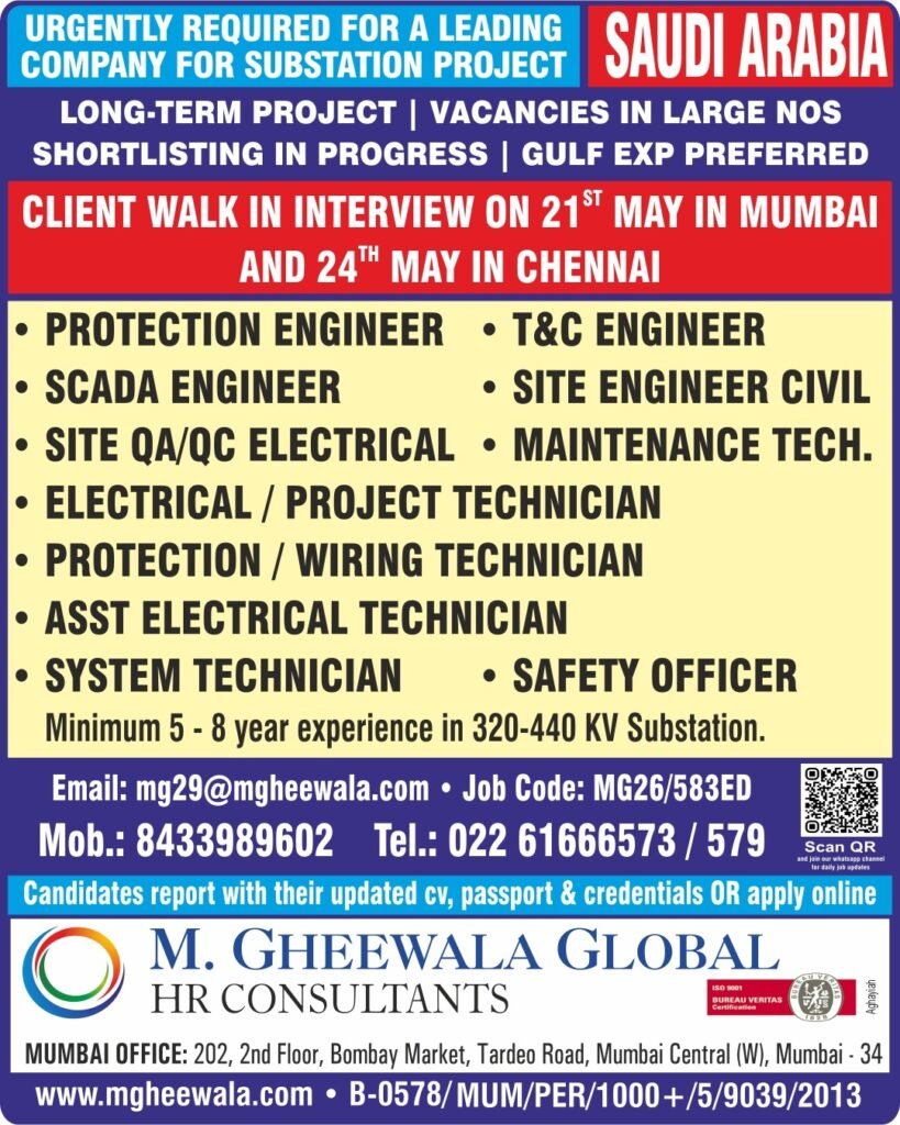 Saudi Arabia Substation Project Jobs 2025: Engineers and Technicians Required for Long-Term Project