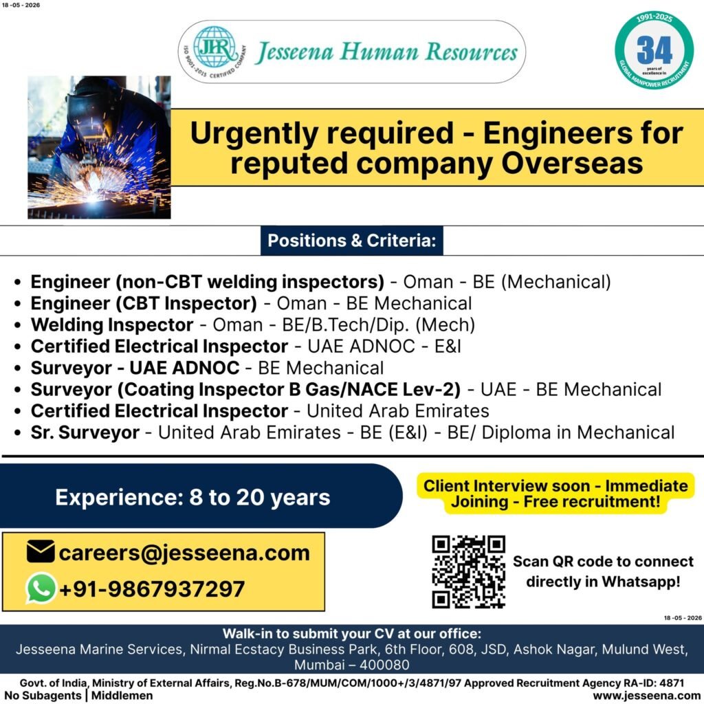 Urgently required Engineers for reputed company Overseas