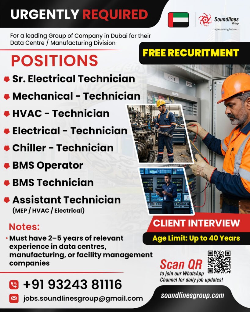UAE : Hiring For a leading Group of Company in Dubai for their Data Centre / Manufacturing Division