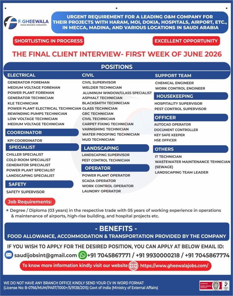 Saudi Arabia O&M Company Jobs 2026 – Urgent Hiring for projects across Mecca, Madina, airports, hospitals, MOI, Haram, DOKIA