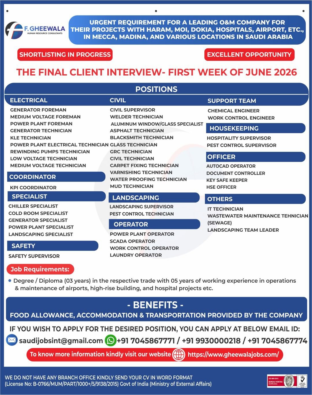 Saudi Arabia O&M Company Jobs 2026 – Urgent Hiring for projects across Mecca, Madina, airports, hospitals, MOI, Haram, DOKIA