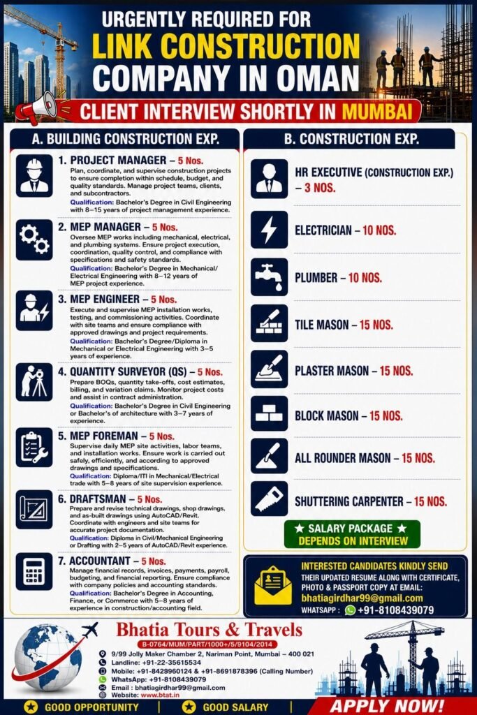 Oman Jobs 2026 | Urgent Hiring for Link Construction Company