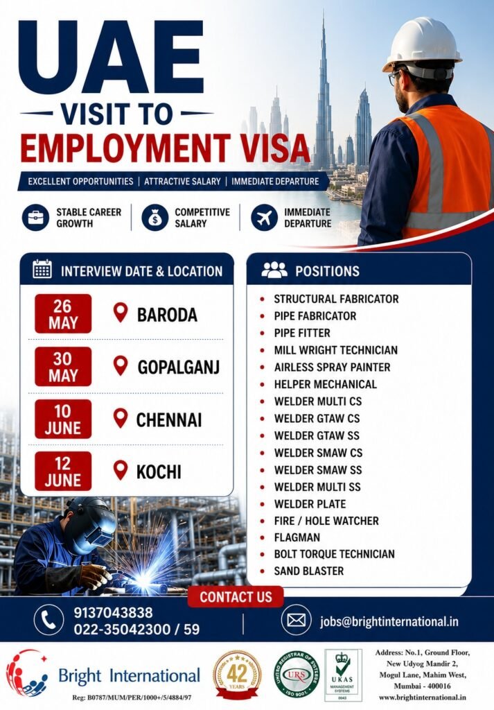UAE Jobs 2026: Urgent recruitment for multiple industrial and construction positions